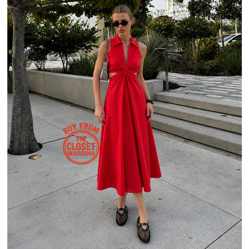 Mango NWT Red Cotton Cutout A-Line Maxi Dress 6 8 - Picture 10 of 16
